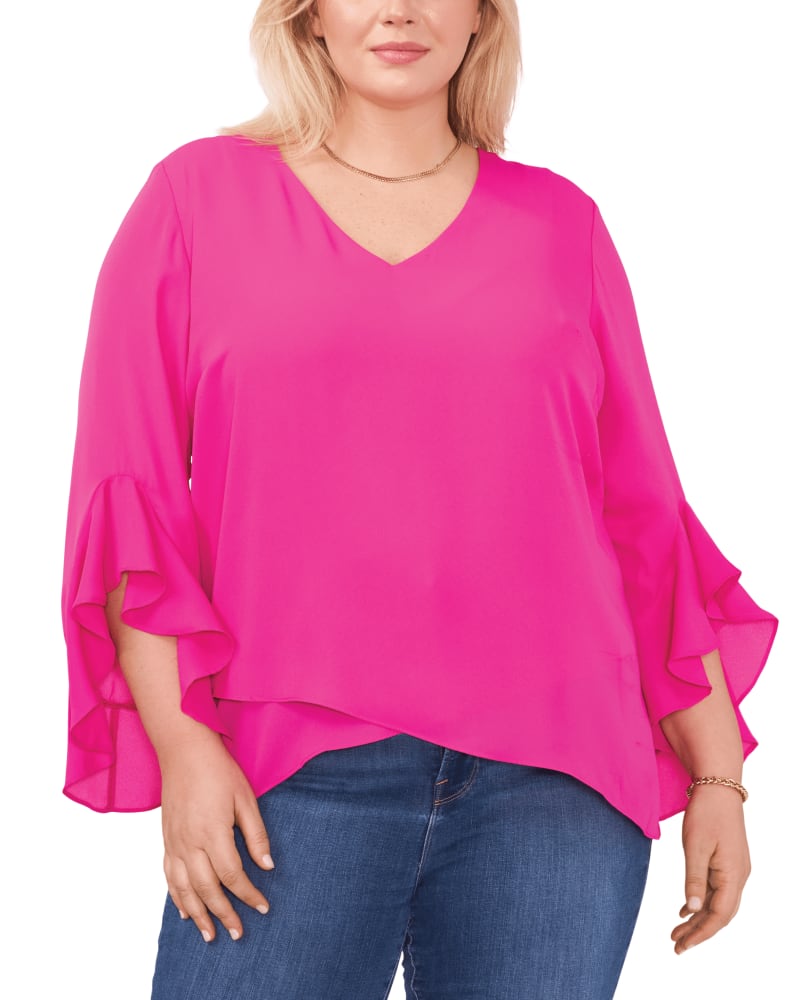 Front of a model wearing a size 1X Jayda Flutter Sleeve Romance Top in 836-FRCLY FUCHSIA by Vince Camuto. | dia_product_style_image_id:261135